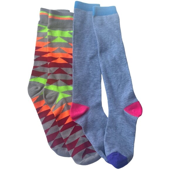 2 Pairs Over The Calf Crew Socks Geometric & Novelty Print Women 16.5-18" Height - Picture 2 of 8